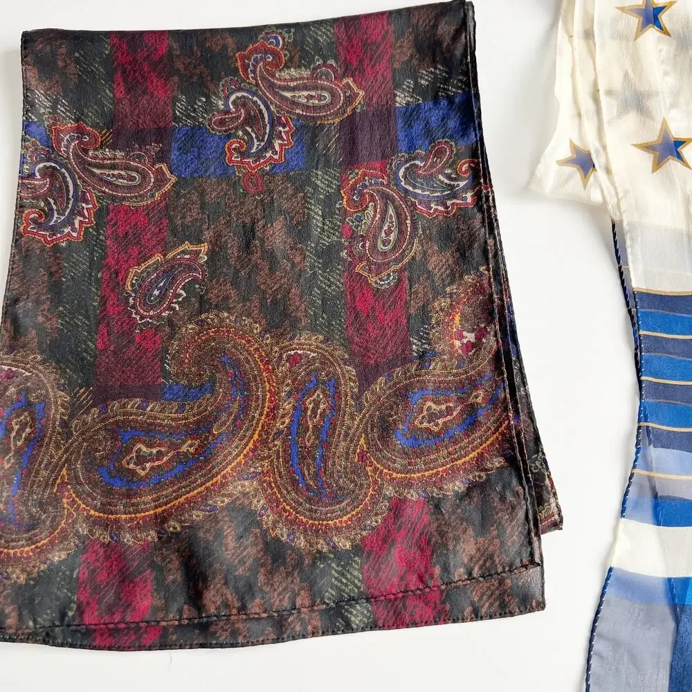 [Vintage] 80s Liz Claiborne Silk Scarves Stars Stripes Paisley Print Purse Scarf